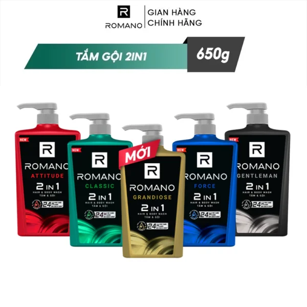 Tắm gội cho nam 2 trong 1 hương Nước hoa nam Romano 2in1 650g/chai + Tặng kèm Sữa rửa mặt 100g